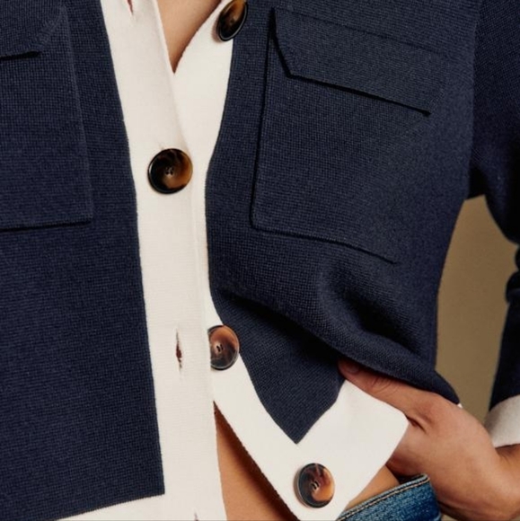 Sezane Betty Cardigan In Marine With Ecru Detail - Picture 3 of 9